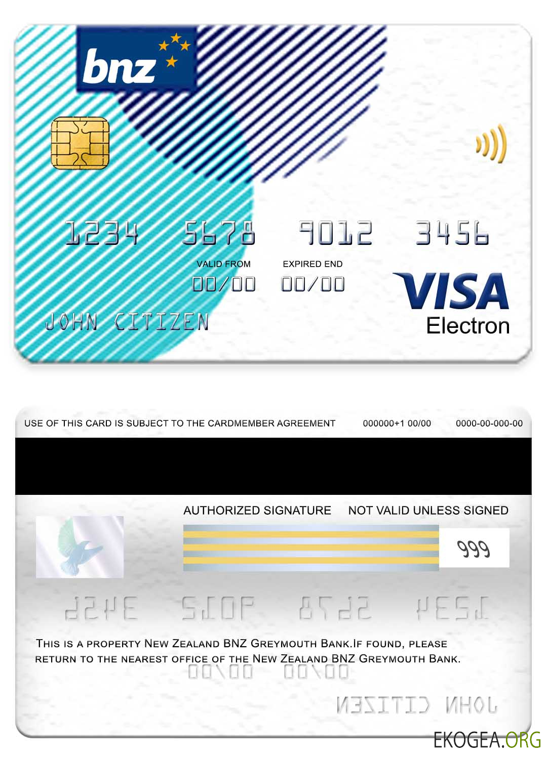 Carte électronique visa BNZ Greymouth Bank de Nouvelle Zélande